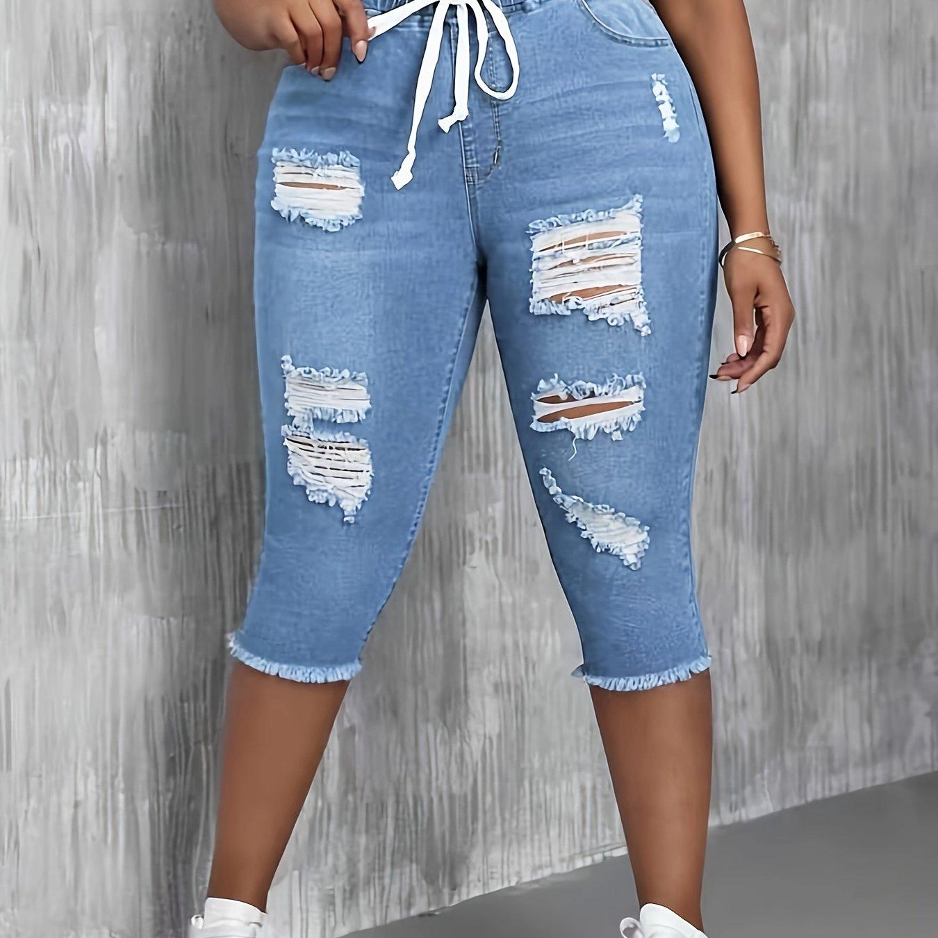 TEMU Women's Stretchy Elastic Waist Ripped Denim Shorts