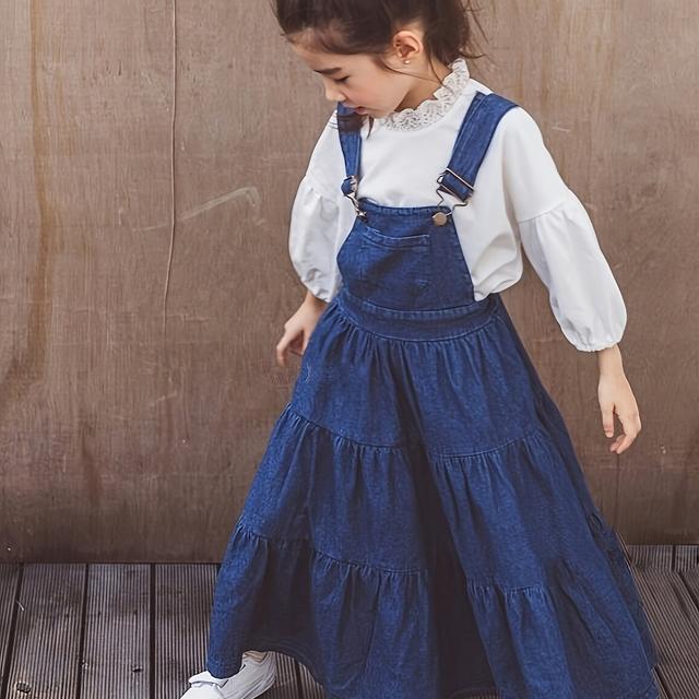 TEMU Mädchen Frühlings- und Herbst--Denim-Trägerkleid mit verstellbarem, mehrschichtigen Kuchen-Design, lässiger, mittellanger Denim-Rock (Rocklänge beinhaltet nicht die Trägerlänge)