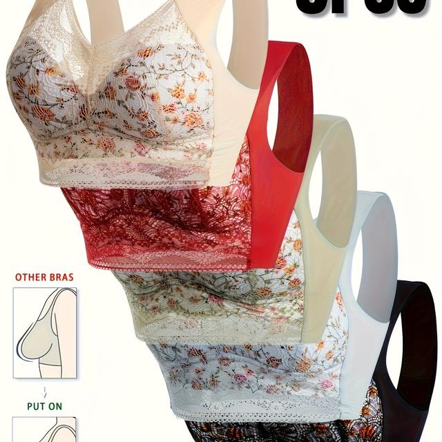 TEMU 5pcs Elegant Ladies Lace Wireless Bra, Elegant Lace Comfortable Breathable Gathering Bra, Full Coverage Of Steel Ring- Push Cup Underwear, Machine Washable, Sexy L
