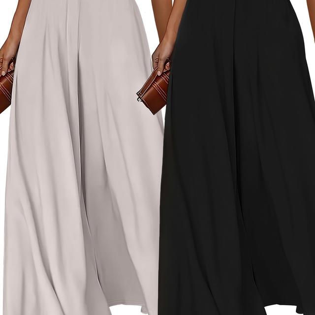 TEMU 2pcs Plus Size Elegant Wide-leg Pants For Women - High Waist, Stretchy Polyester Blend, Machine Washable, Solid Color, In Beige & Black, Plus Size Pants