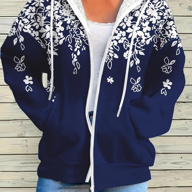 TEMU Manteau zippé à imprimé floral grande taille, Vêtement d'extérieur à manches longues à capuche avec cordon de serrage décontracté, Vêtements grande taille pour femmes