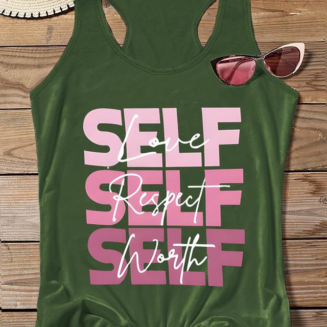 TEMU Women's Plus Size Letter Print Top - Sleeveless, Casual & Sporty, Stretchy Polyester Blend, Machine Washable, Plus Size, Letter Print, Top, Sleeveless