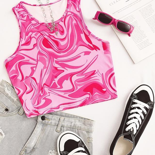 TEMU Márvány Mintás Ujjatlan Póló, Laza Szabású Crop Top Tavaszra És Nyárra, Női Ruházat