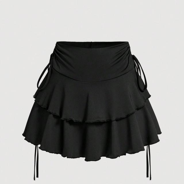 TEMU พลัสไซส์ - พลัสไซส์ - กระโปรงพลัสไซส์สีพื้นลำลอง เอวยางยืดมีเชือกผูก จับจีบ