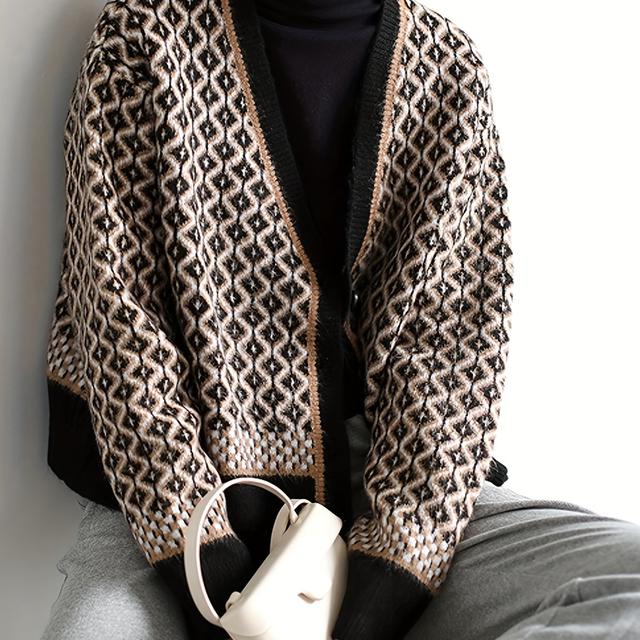 TEMU ニットカーディガン ルーズカーディガン セーター 幾何柄 ト柄 Vネック 配色 ショルダー柄カーディガン ニットカーデ トップス 長袖 秋冬 フリーサイズ 3色