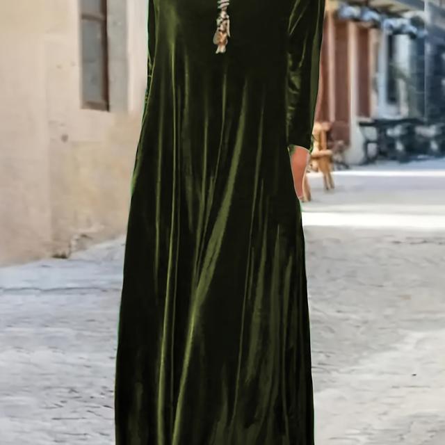 TEMU Plus Size - Plus-size Elegant Dress, Women's Long-sleeve Round-neck Loose Solid Color With Fleece For Autumn And Winter