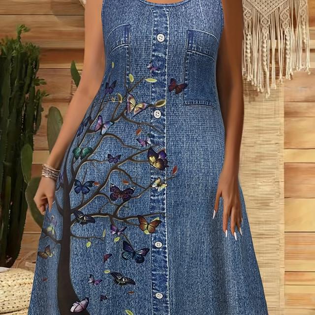 TEMU Robe débardeur imprimée arbre papillon, mode grande taille, robe décontractée manches pour printemps-été