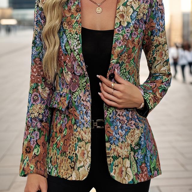 TEMU Chaqueta blazer casual de larga y media para mujer, de moda nueva de /otoño, con estampado floral , solapa y botonadura simple