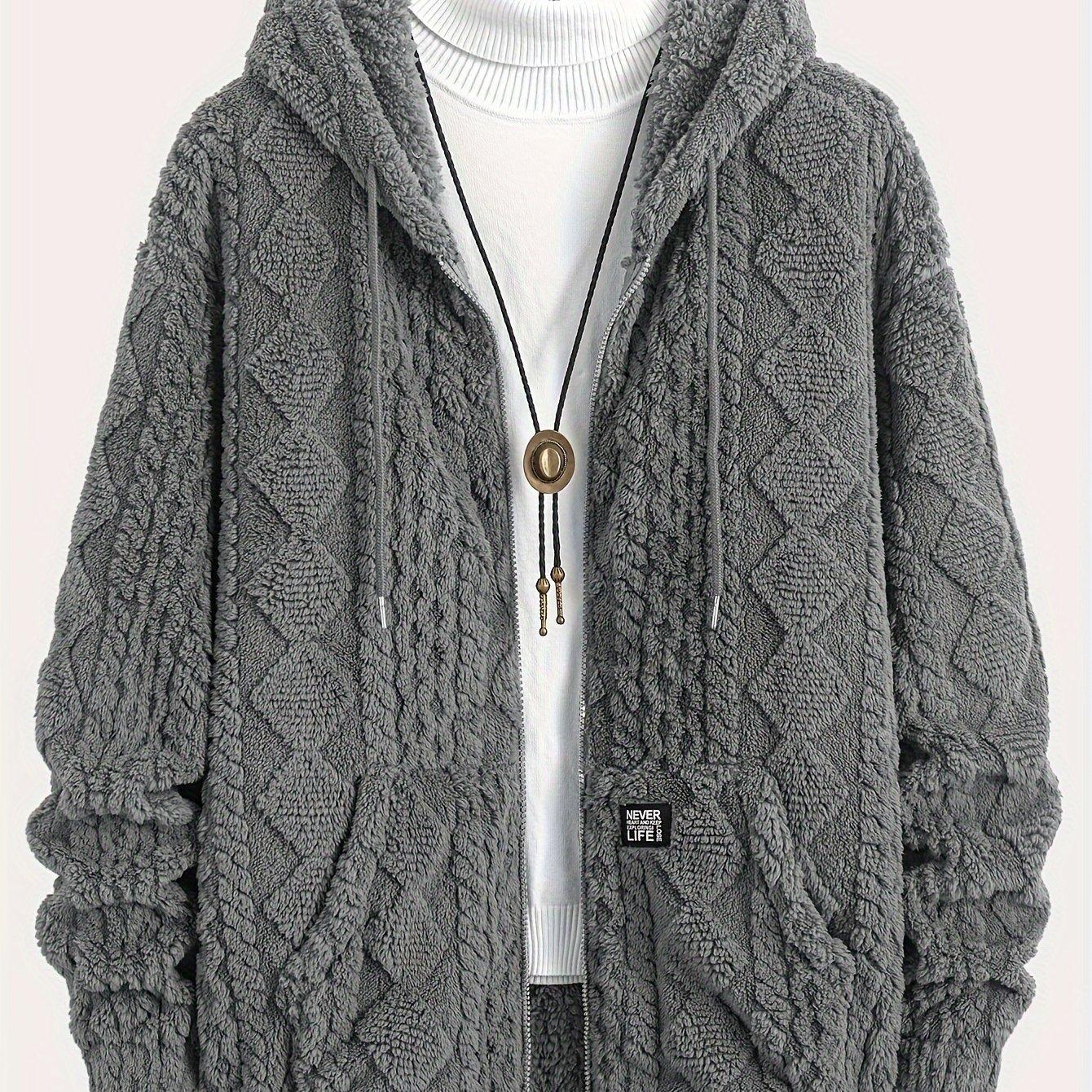 TEMU [cozy ] Men's Stylish Plush Hooded Jacket - Gray Geometric With Drawstring Hood, Warm Long Sleeve Coat For Fall/winter Casual , Winter Jacket, Plus Size