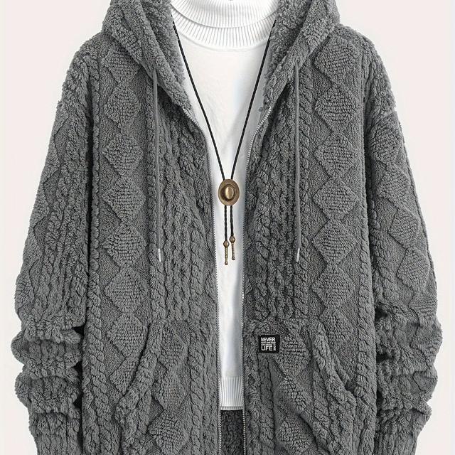TEMU [cozy ] Men's Stylish Plush Hooded Jacket - Gray Geometric With Drawstring Hood, Warm Long Sleeve Coat For Fall/winter Casual , Winter Jacket, Plus Size