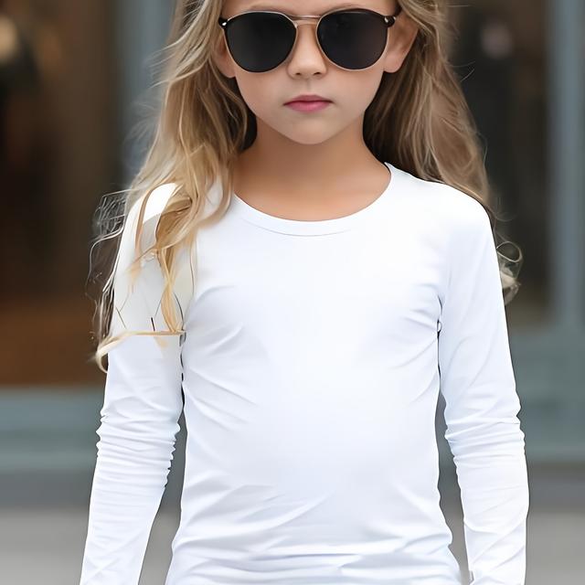 TEMU Girls' Soft & Breathable Long Sleeve T-shirt - Solid Color White, Casual Round Neck, Stretchy Knit Fabric, Versatile For Casual Attire, Top | Round Neck Tee | , Girls Tshirts