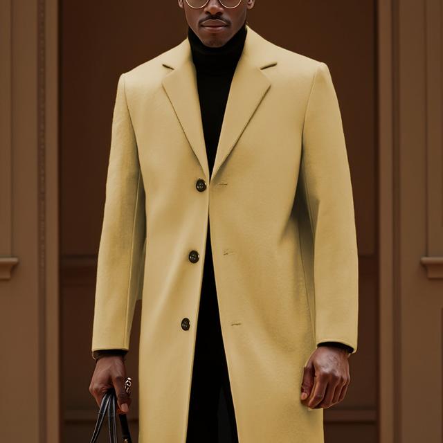 TEMU 2025 Men's Slim-fit Long Trench Coat - Casual Windproof Overcoat With Double-breasted Front, Beige Solid Color, Button Closure, Lapel Collar For Spring/fall