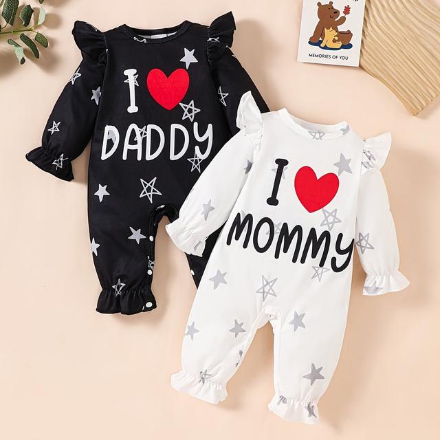TEMU European And American Autumn/winter 2pcs Children's "" & "i Love Mom" Ruffle Sleeve Bodysuit, ,