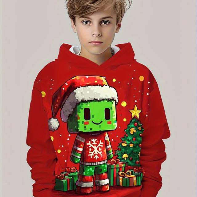 TEMU Boys' Green Christmas Building Block For Man Santa Pattern Long Sleeve - Comfortable, Spring/fall Hooded Long Sleeve Pocket Top, Perfect For Outdoor Activities