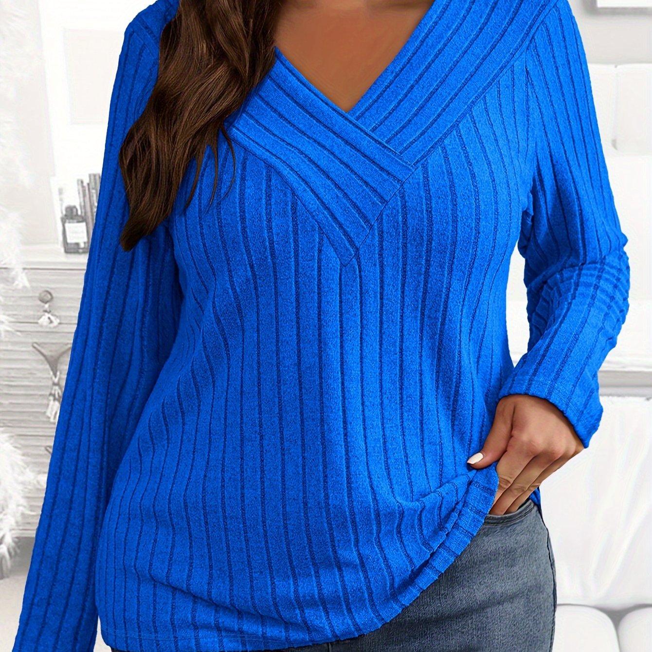 TEMU Talla Grande, Nueva Colección Otoño/Invierno, Cómoda y , Camiseta de Larga con Cuello en V, Ajuste Holgado, Tejido Acanalado y Cepillado, Unicolor, para Mujer