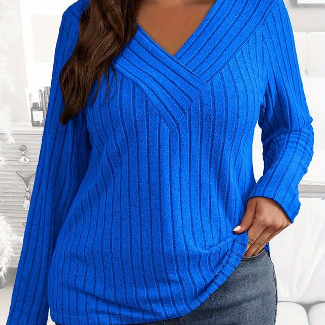 TEMU Talla Grande, Nueva Colección Otoño/Invierno, Cómoda y , Camiseta de Larga con Cuello en V, Ajuste Holgado, Tejido Acanalado y Cepillado, Unicolor, para Mujer