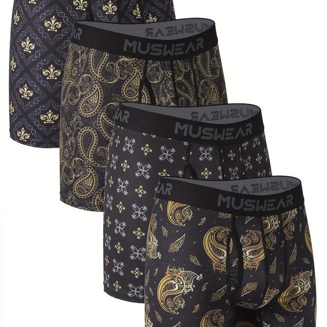 TEMU 4pcs Muswear Men's Boxer Briefs Moisture-wicking Sweat-release Side Opening Long Printed Quick- Underwear Baroque Style