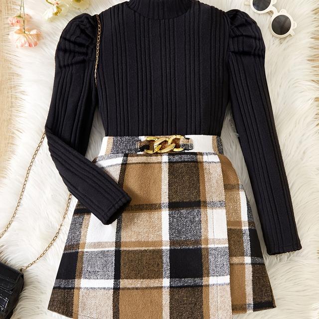 TEMU Girls' High-neck Pleated Long-sleeve Top + Waist Decor Front Open Front Asymmetrical Skirt 2pcs Set