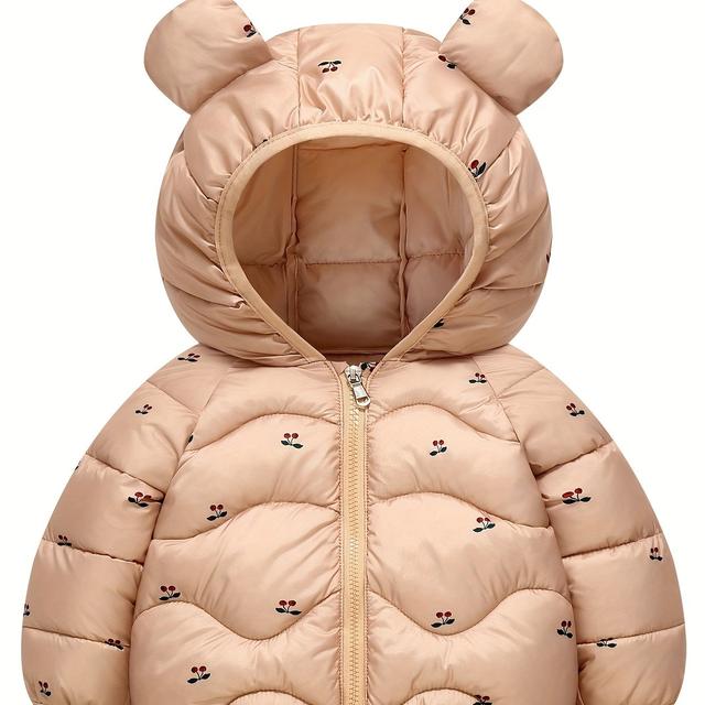 TEMU Girls' Winter Hooded Snowsuit 0-3 Years - 100% Polyester Warm Zipper Front Romper With Bear & Fish Print, Long Sleeve Casual Outfit For Toddlers, Hand Wash Only