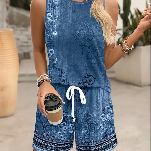 TEMU 2pcs Women's Summer Slim Fit Sleeveless Top With All- And Drawstring Waist Shorts Yy0112569 Set