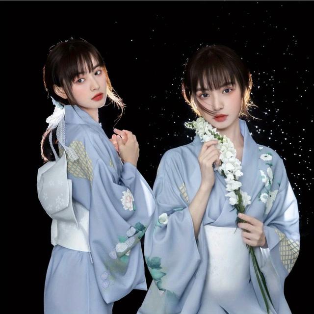 TEMU レディース 日本着物 浴衣 着物 - 伝統的なブルー ダブル桜襟 & スタンドカラー () 写真撮影用ドレス、洗濯機洗い可 テーマパーティー・文化イベント・日本のコスチューム用 - アウターウェアではありません