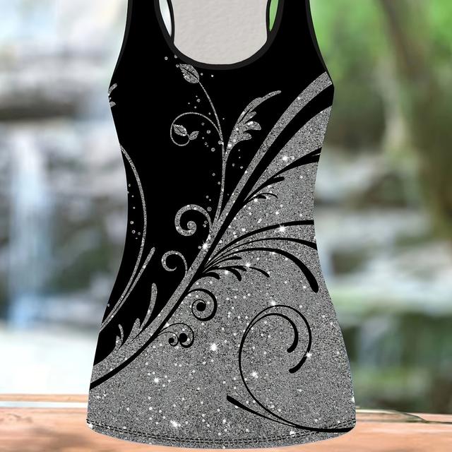 TEMU Glitzerndes, silberfarbenes Tanktop mit Blumenmuster für Damen, Sportliches Tanktop mit Rundhalsausschnitt aus Polyester, Strickstoff, leicht dehnbar, für Ganzjahres-Aktivbekleidung