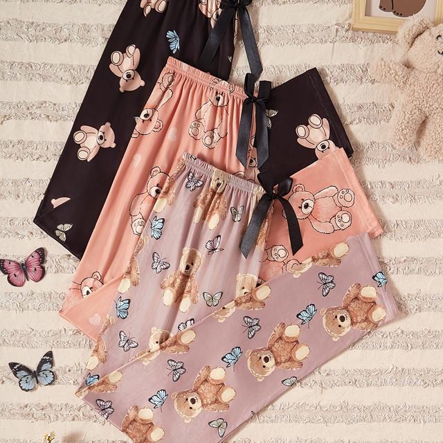 TEMU Pantalones de Pijama Suaves y Cómodos de Tres Unidades con Detalles de Oso y Mariposa, Cintura Elástica y Lazo, Ideales para Uso en Casa