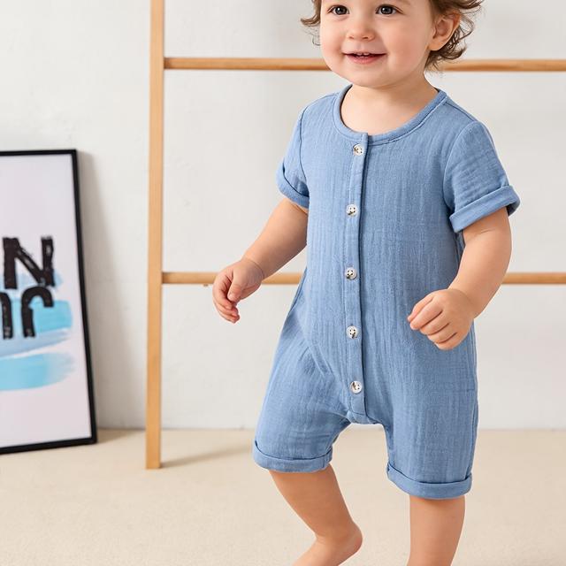 TEMU Summer Short-sleeve Bodysuit, Breathable Crinkle Fabric Snap-front Romper, Unisex Comfortable Casual Versatile Outdoor Crawling Suit, Perfect For Outdoor