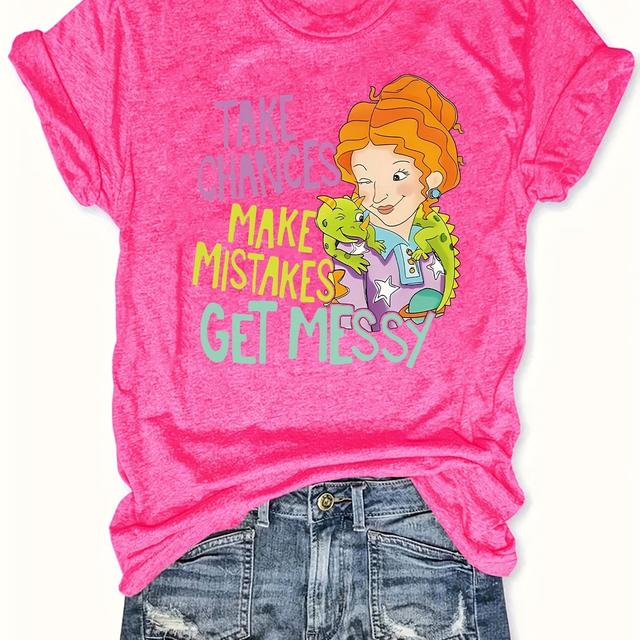 TEMU Plus Size, Plus Size Letter Printed T-shirt, Short Sleeved Round Neck Casual Top, Summer And Spring, Women's Oversized Clothing