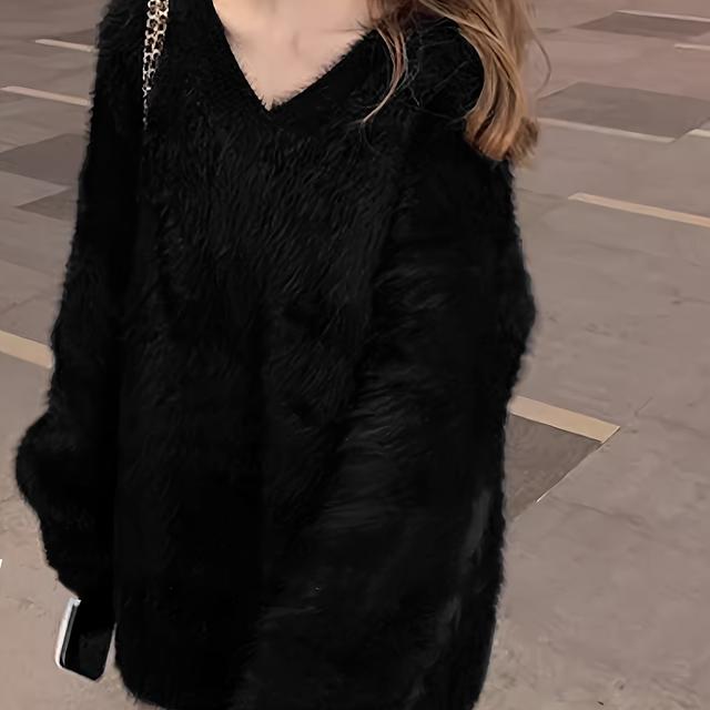 TEMU 플러스 사이즈, 찐빵 패턴 솔리드 컬러 루즈 V넥 캐주얼 플러스 사이즈 스웨터 탑 여성용, 다용도 레이지 스타일 젠틀 풀오버|빅사이즈