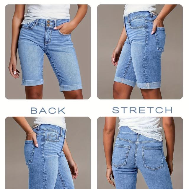 TEMU Women's 2025 -waist Stretch Denim Shorts - Light Blue Washed Casual Shorts With Pockets, Button Detail, And Slim Fit, Travel, Work, And Casual Attire, High Waisted Shorts