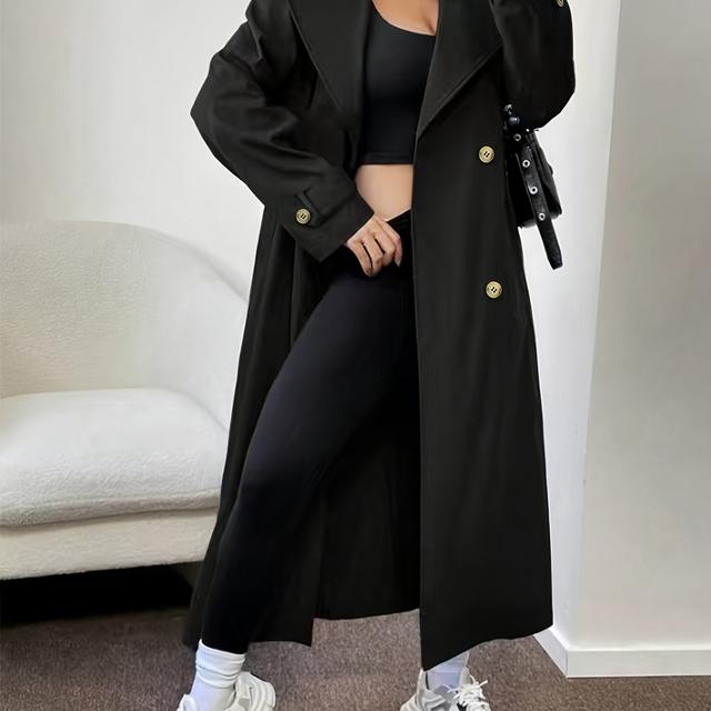 TEMU معطف تريش طويل أنيق للنساء بتصميم مزدوج الصدر - معطف خارجي أسود أنيق فوق الركبة من البوليستر للخريف والشتاء، تصميم بريطاني كلاسيكي بأزرار زخرفية
