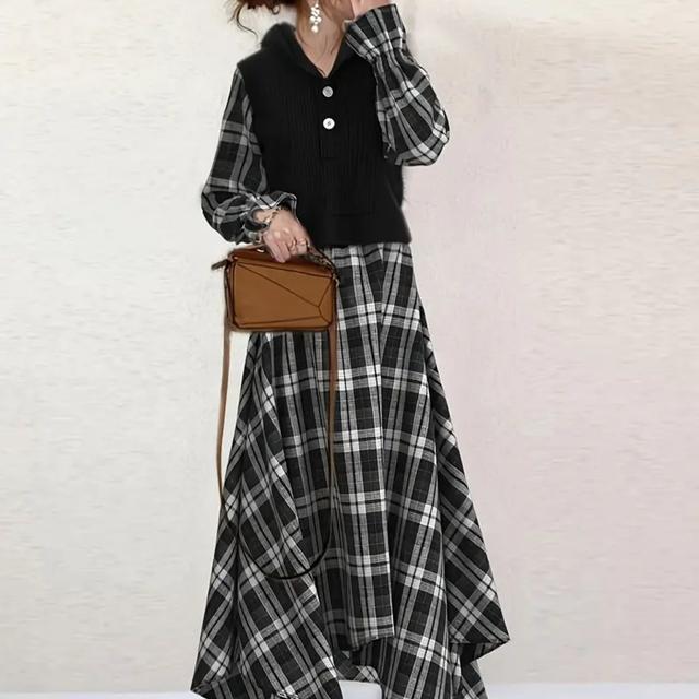 TEMU レディースドレス、ロングスカート、チェック柄、カジュアル、かわいい、長袖、フード付き、春秋用ドレス