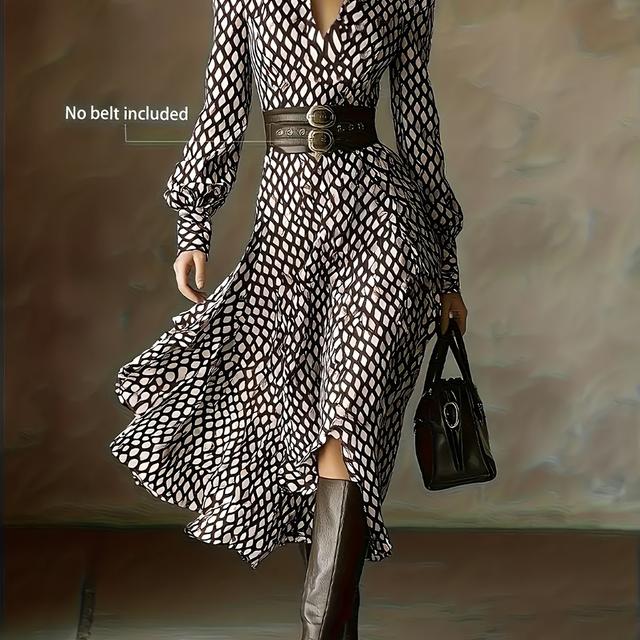 TEMU Women's Elegant Vintage Date Wear Autumn/winter Deep V-neck Rhombus Print Invisible Zipper Waist-cinching Flared Long Sleeve Puff Sleeve Blouse Dress (belt Not Included)