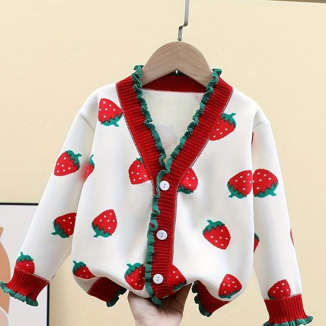 TEMU Girls' Strawberry Print Cardigan With Fleece Lining - Cozy Button-up Sweater For Fall/winter, Soft Knit Pullover With Cuffs, Perfect For Casual Or Holiday Outfits, Sweater Dress
