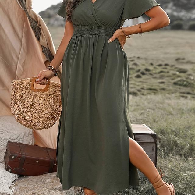 TEMU Elegant Plus Size V-neck Dress With Tassel Detail, Long Sleeve, And Flared Hem - Solid Color, Spring/summer, Plus Size Dress