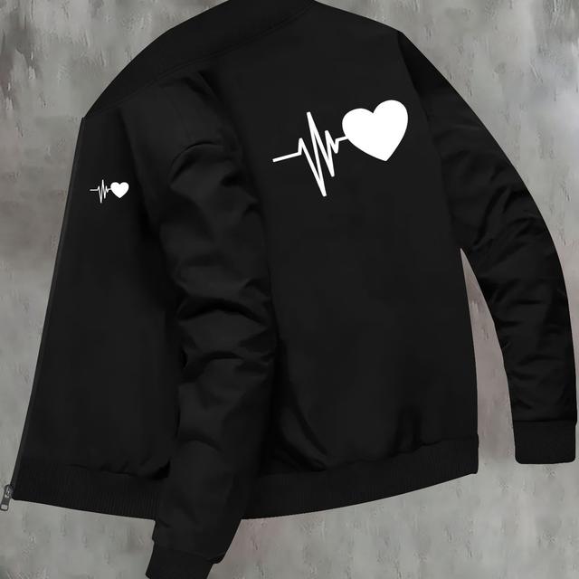 TEMU Men' Trendy Casual Print Heartbeat Chain Zip-up Stand Collar Jacket With Pocket, Woven Polyester 95%, Elastane 5%, , Slight Stretch, Fall/winter Collection