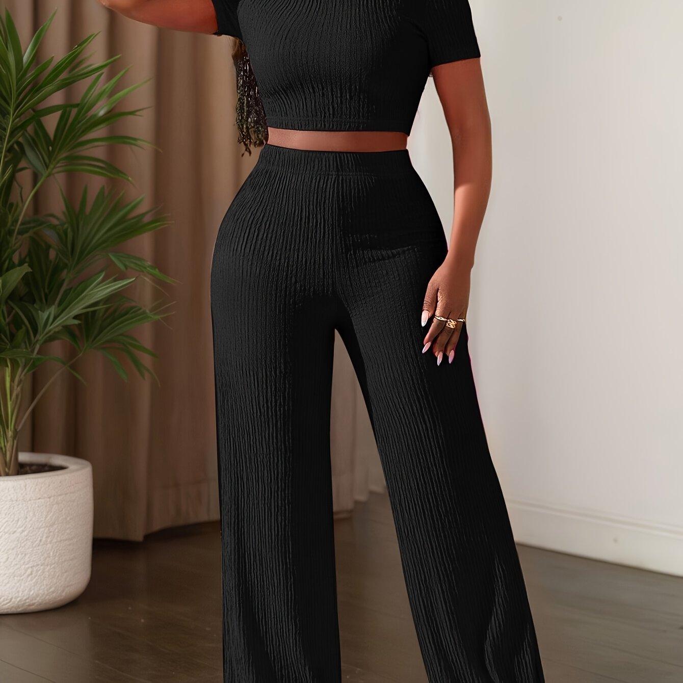 TEMU 2025 New Solid Color Short Sleeve Top And Wide Leg Pants Casual Set