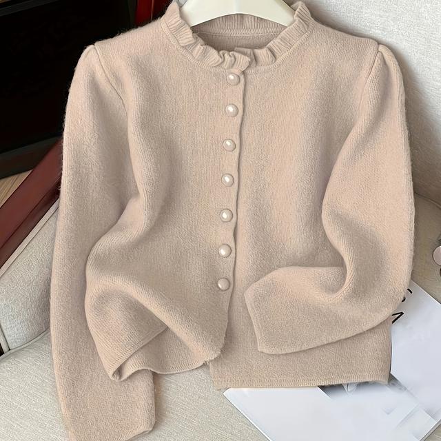 TEMU Elegant Winter Cardigan Jacket - Soft Stretchy Long Sleeve Button-front Coat, Black Round Neck Sweater For Fall/winter, Machine Washable Slim-fit Blazer (casual & Formal Wear)