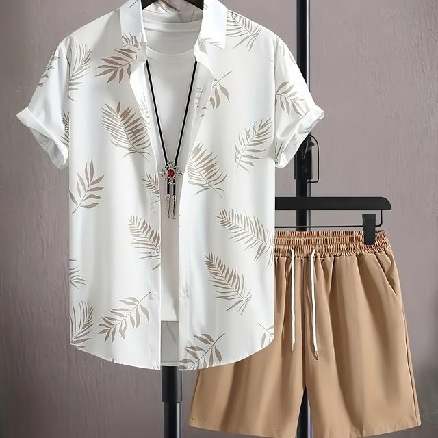 TEMU Men'-piece Set Featuring A Leaf Print Button-up Shirt And Drawstring Casual Shorts, Perfect For Relaxed Summer Wear