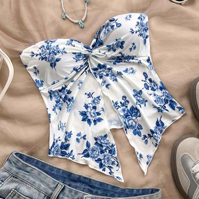 TEMU [] Women's Vacation Blue And White Floral Short Tube Top With Front Slits, Suitable For Afternoon Tea
