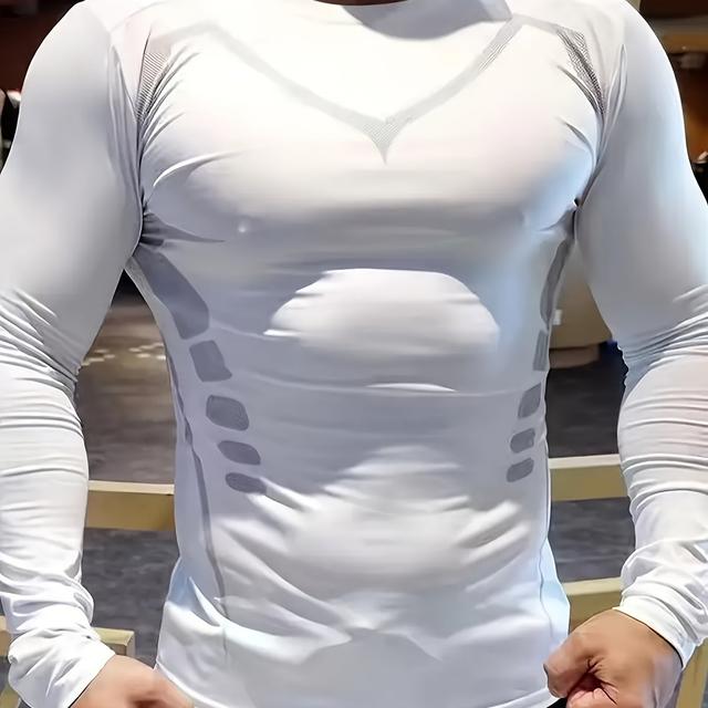 TEMU T-shirt męski z długim rękawem, z paskami, do fitnessu, szybkoschnący, oddychający i odprowadzający wilgoć, kompresyjny top sportowy, odzież outdoorowa