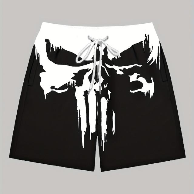 TEMU Men's Casual 3d Printed Skull Graphic Shorts - Black & White, Non-stretch Fabric, Outdoor Beach Pants With Drawstring Waist, Casual Beachwear | Skull Print Shorts | Nonstretch Fabric