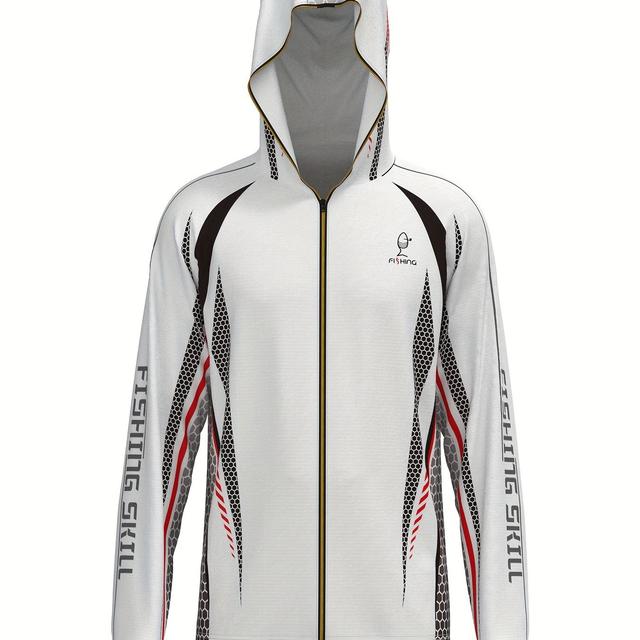TEMU Men's Breathable Fishing Jersey, Hooded, Long Sleeve, Zip-up, White With Graphics, Sea Fishing And Outdoor Activities