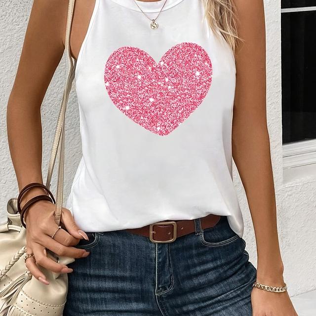 TEMU Heart Print Crew Neck Cami Top, Casual Sleeveless Top For , Women's Clothing