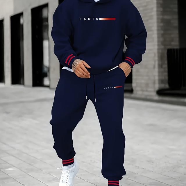 TEMU Men's Casual Hoodie & Sweatpants Set With Geometric Print - Polyester, Machine Washable, Pockets Included - Fall/winter