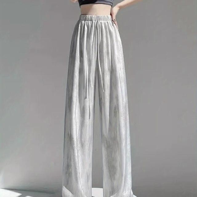 TEMU 夏の薄いサテンインク画のタイダイドゥードワイドレッグパンツ、女性用のゆったりしたカジュアルなドレープハイウエストパンツ
