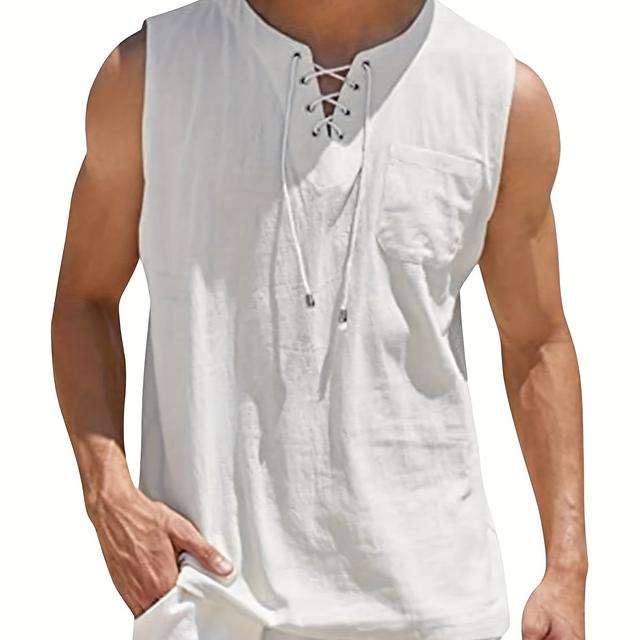 TEMU Herren Vintage Ärmelloses Hemd – Leichtes, Atmungsaktives Leinen-Mix Tanktop (S-XXXL) mit Verstellbarem Kordelzug V-Ausschnitt für Strandlook & – Sommerliche Tank Tops für Casual Formelle Outfits