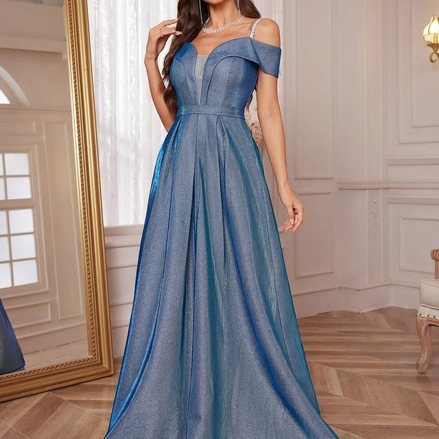 TEMU Damen Abendkleid mit Schulterfreiem Design, Glänzendem Stoff, Taillenfalten Schlag