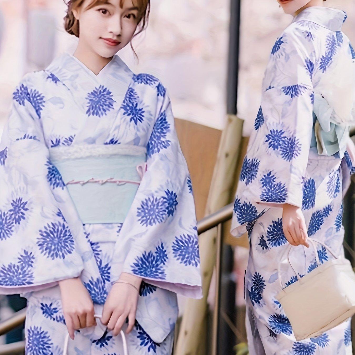 TEMU 1枚 日本風レトロ浴衣キモノ - 手描き花柄・紅葉模様、柔らかく通気性のある生地、夏祭り・・テーマパーティー用トな伝統的な着物、高品質キモノ、ヴィンテージスタイル、精巧な職人技、ファッション